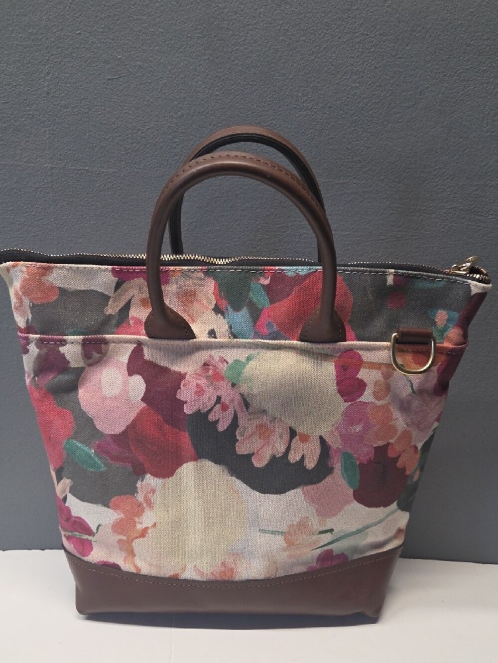 R. Riveter Floral Canvas Tote in Pink and Cream with Brown Trim - Picture 2 of 10